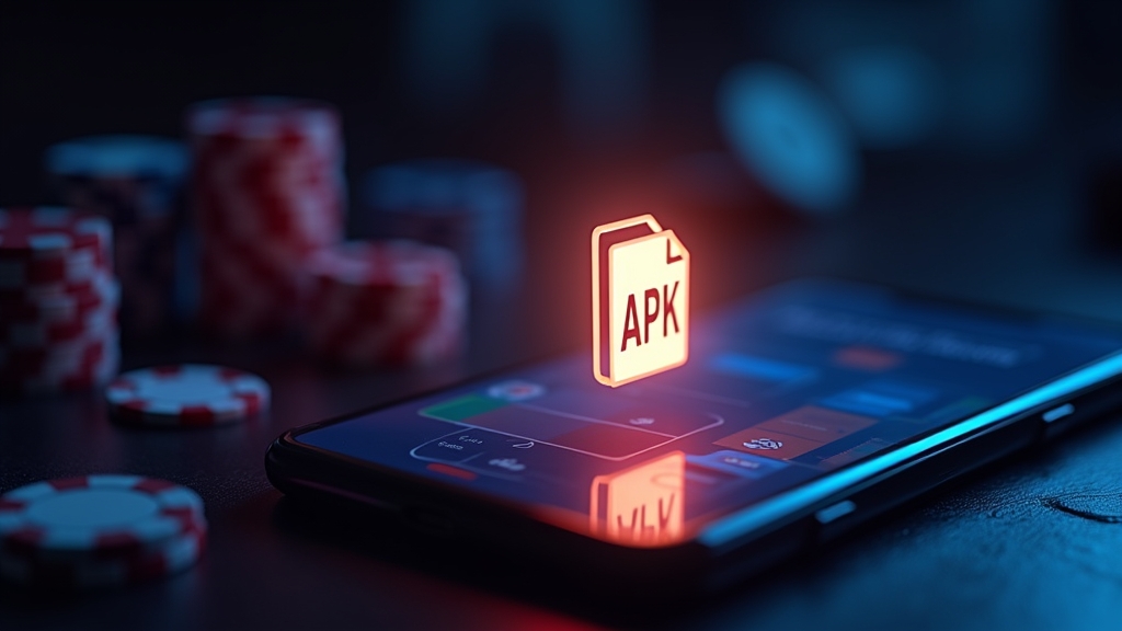 هاتف مع ملف APK وفحص أمان داخل أجواء كازينو داكنة